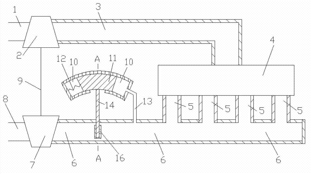 Variable air exhaust through flow area air exhaust pressure control type adjusting mechanism for turbocharged engine