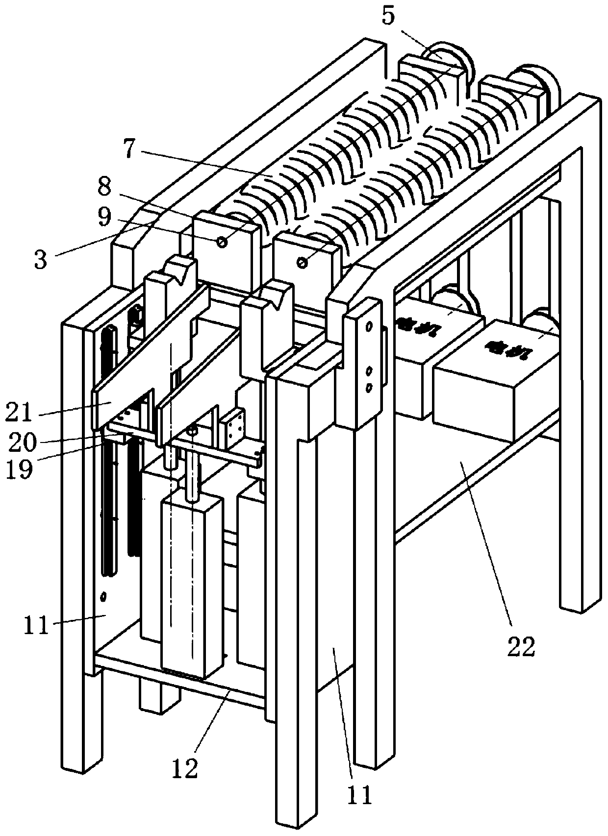 Feeding and discharging device for simultaneous eddy current flaw detection applied to inner and outer walls of stainless steel short pipe