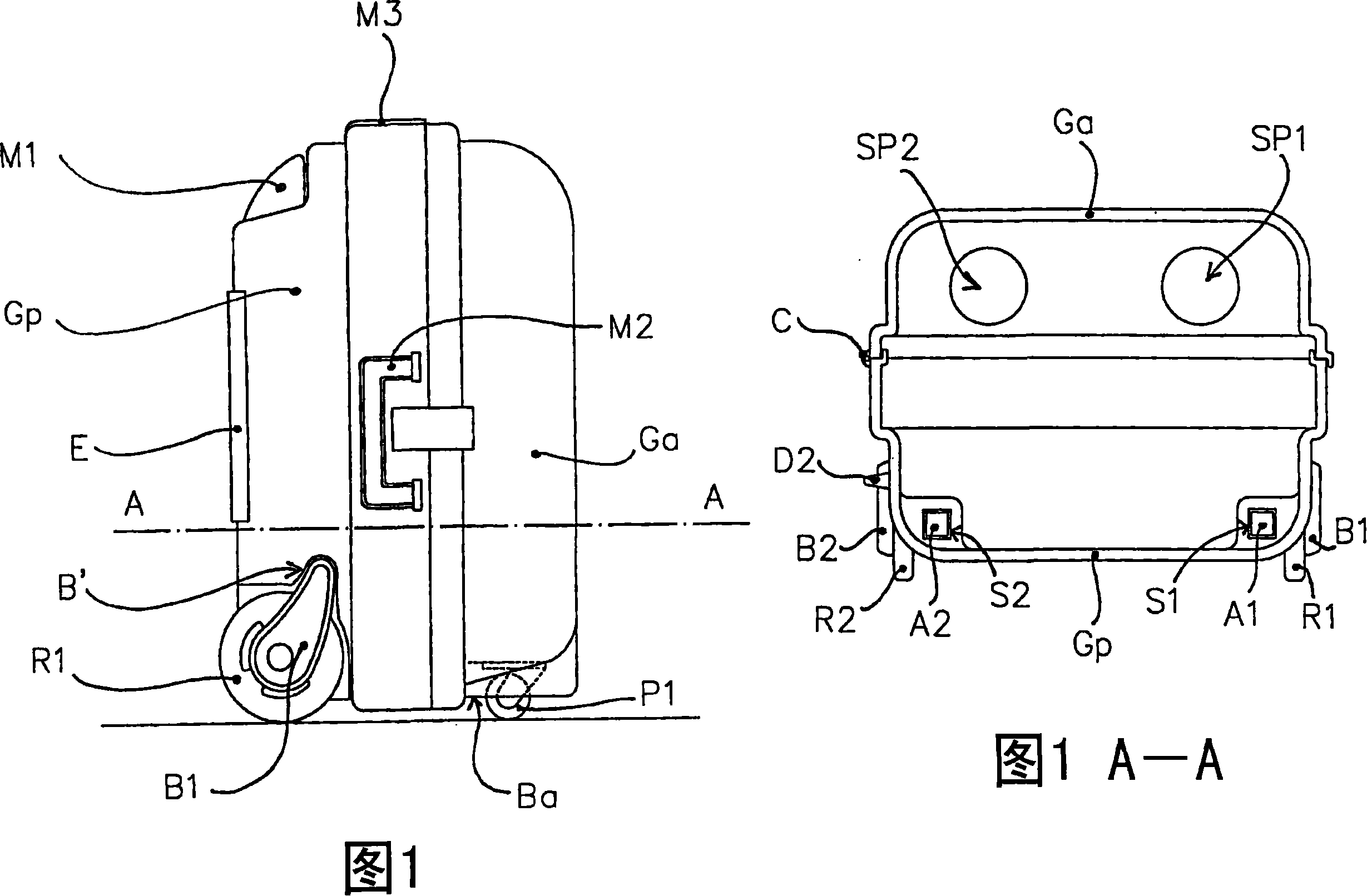 Suitcase with reinforced wheels on the back shell and castors on the front shell