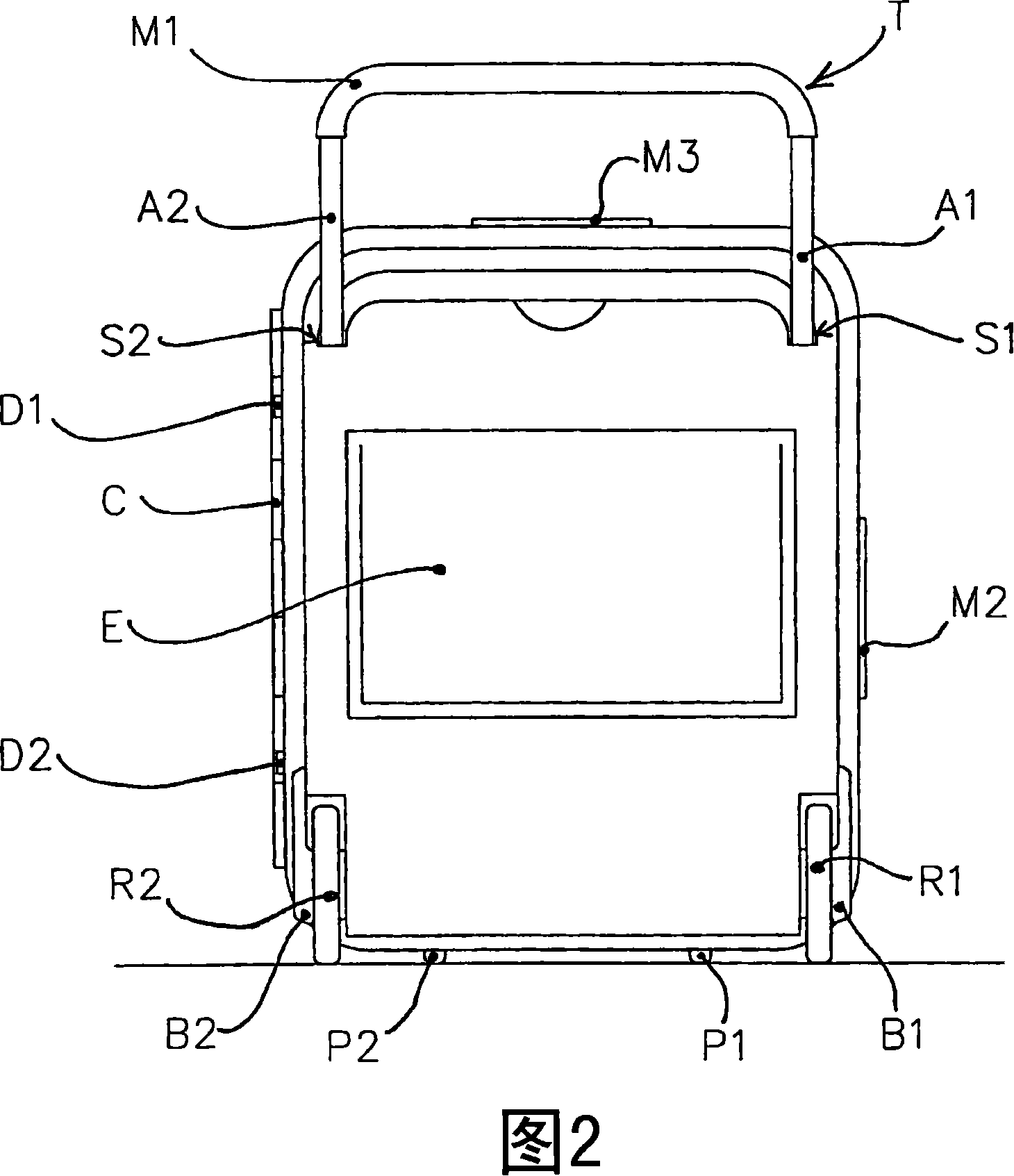 Suitcase with reinforced wheels on the back shell and castors on the front shell