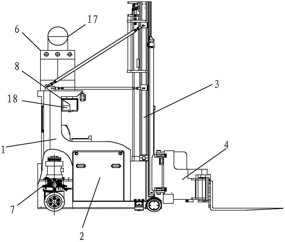 Unmanned electric trackless three-direction stacking forklift truck