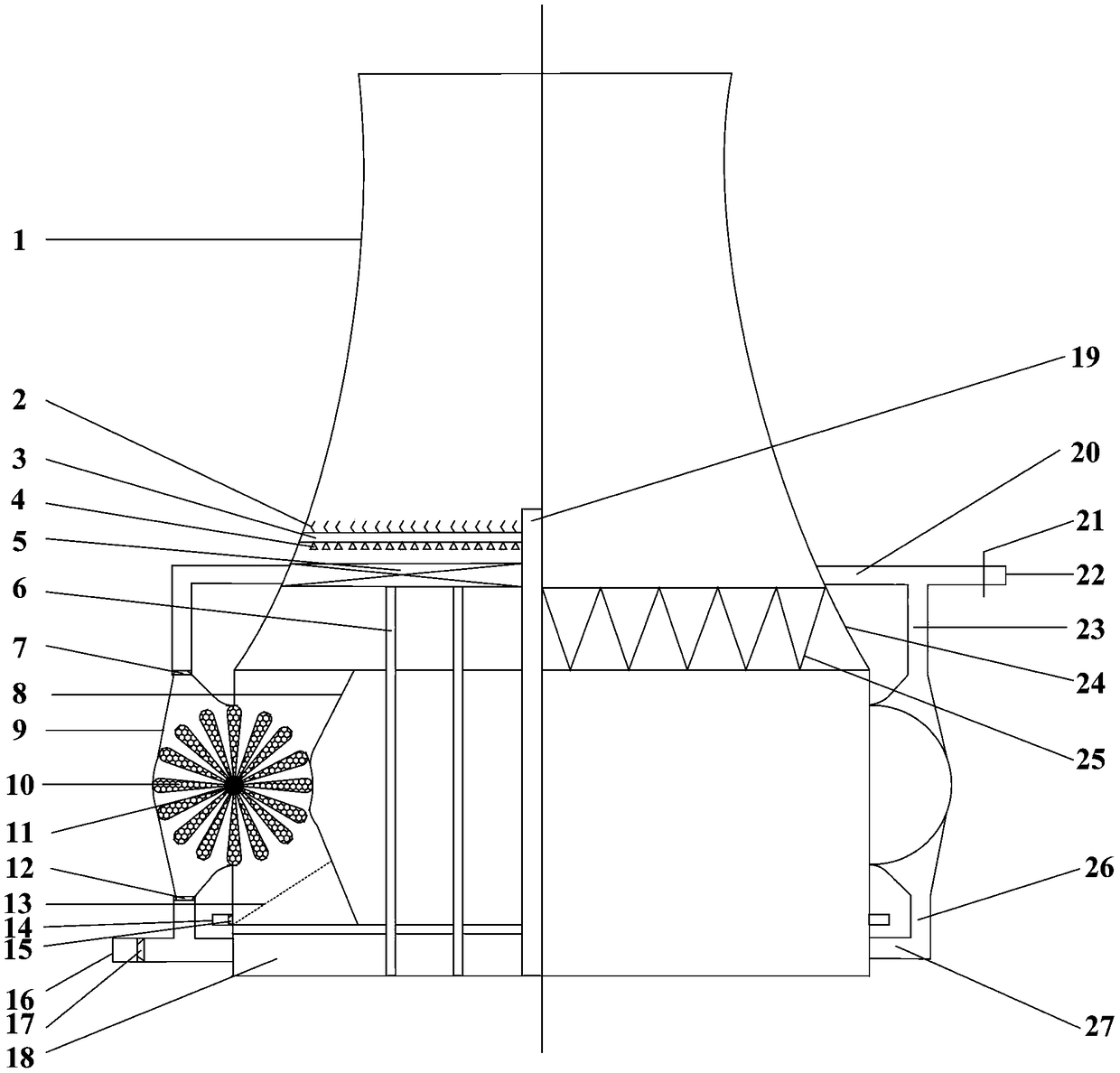 A kind of self-circulating flue gas dust removal cooling tower and method