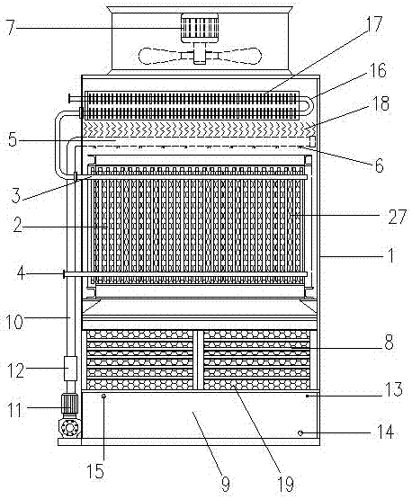 A water circulation evaporative heat exchange cooling condenser