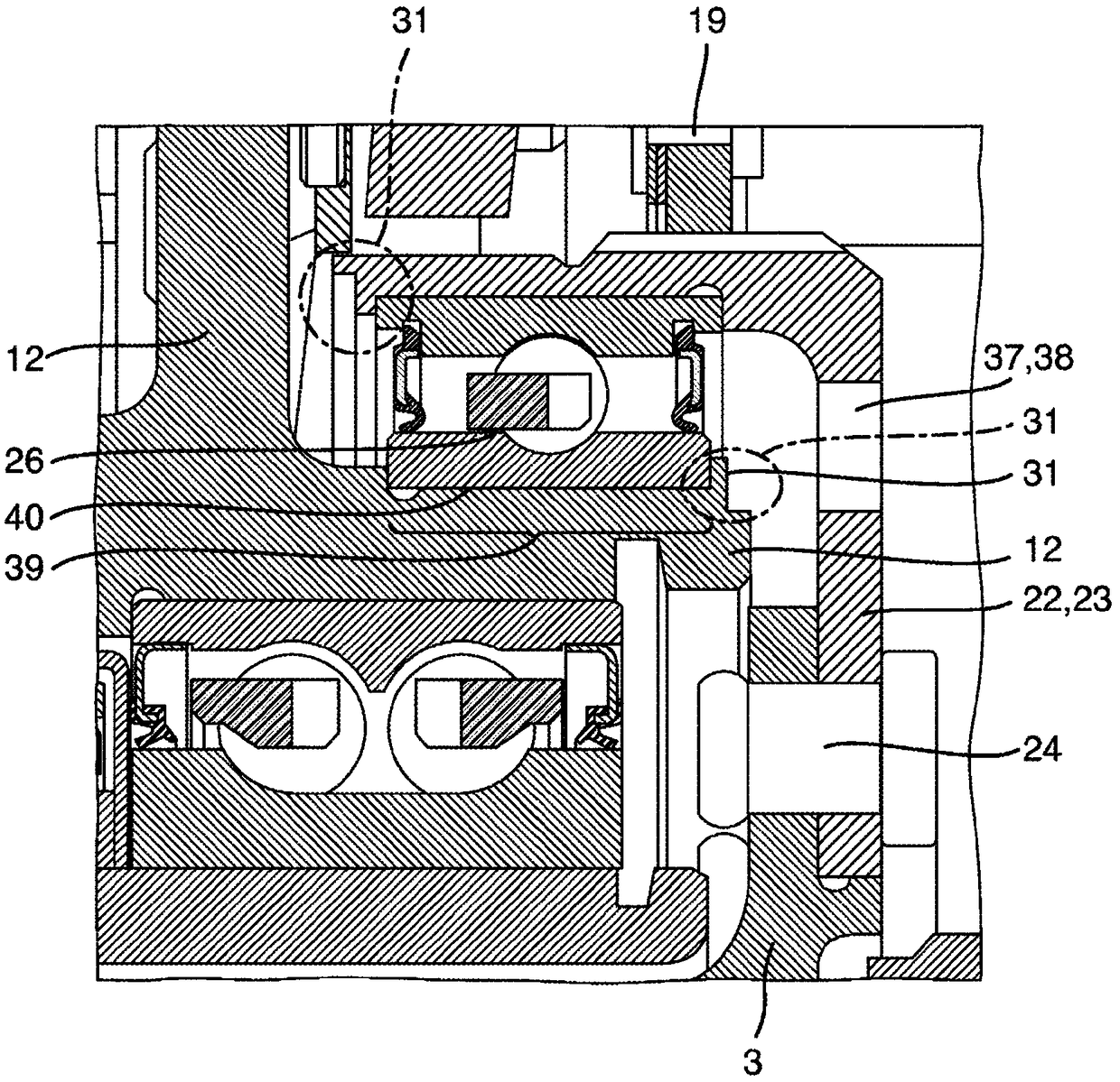 Mounting device for countershaft in the separating clutch of the hybrid module