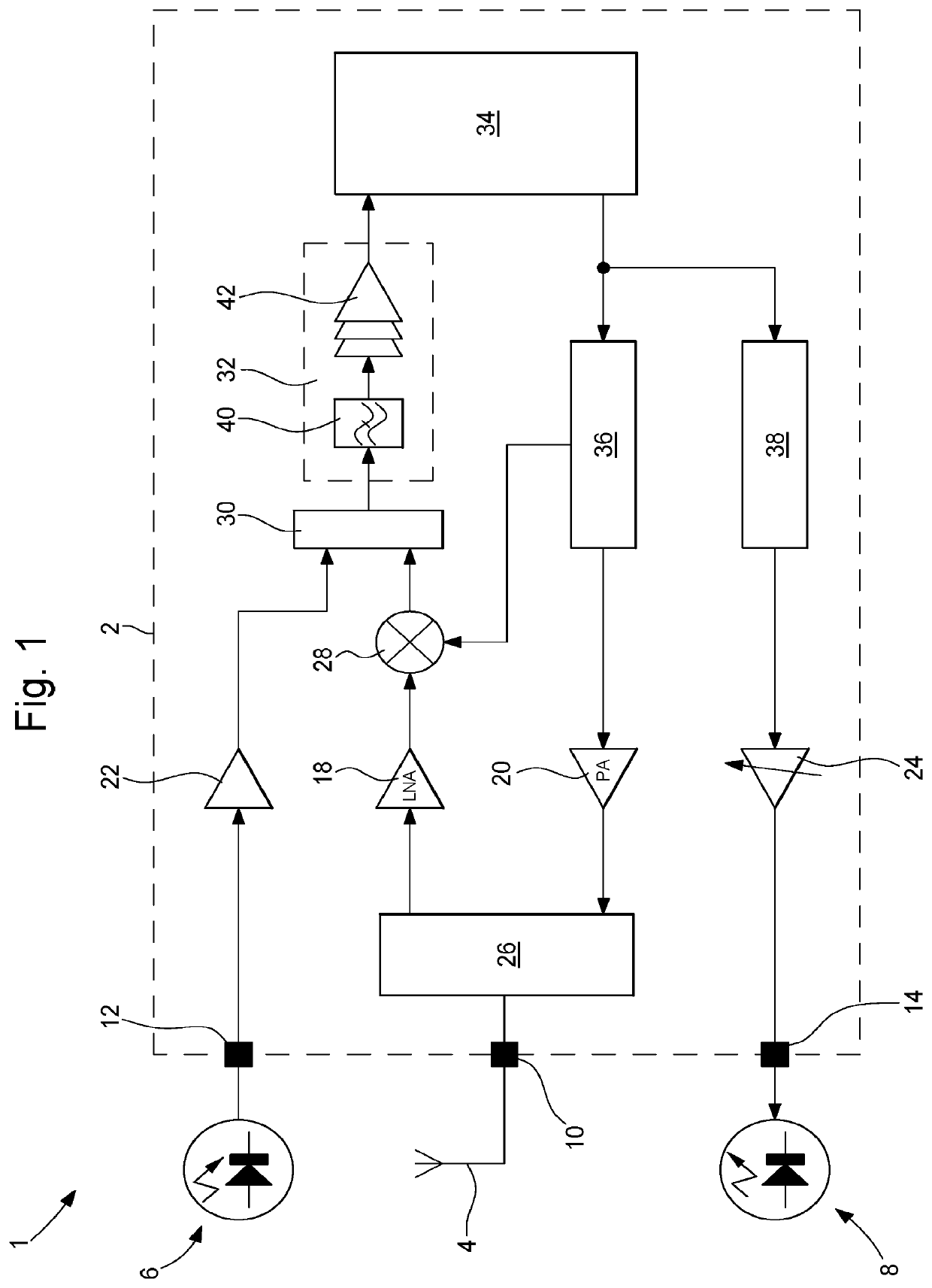 Transmitter-receiver comprising an electronic chip