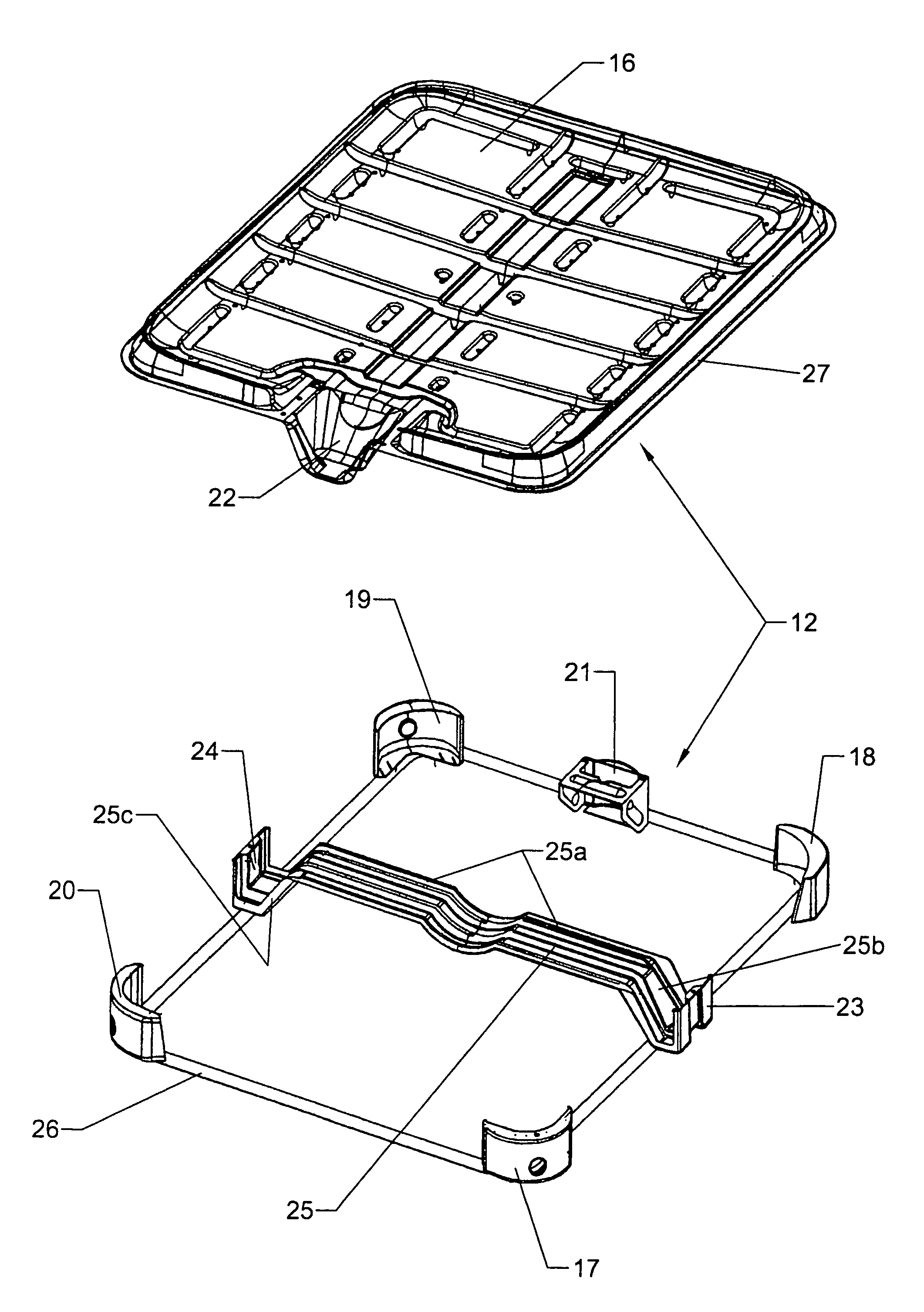 Reinforcement plate for the bottom of a pallet-like support base supported on corner and center feet and on a base frame, especially for pallet containers