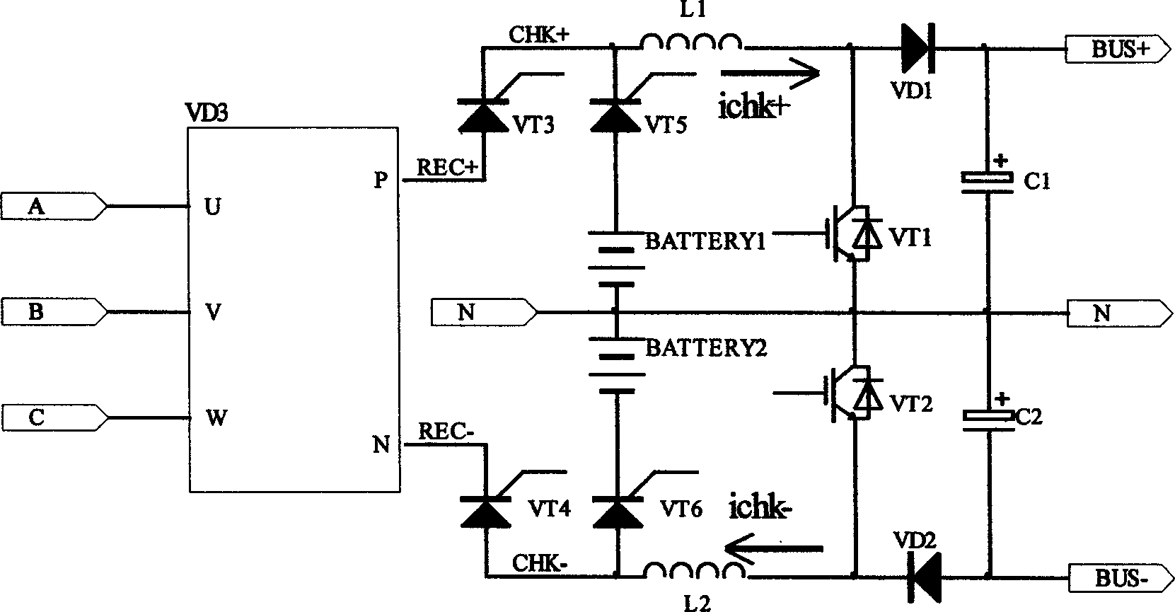 Circuit providing output in three electrical levels for correcting two-phase power factor