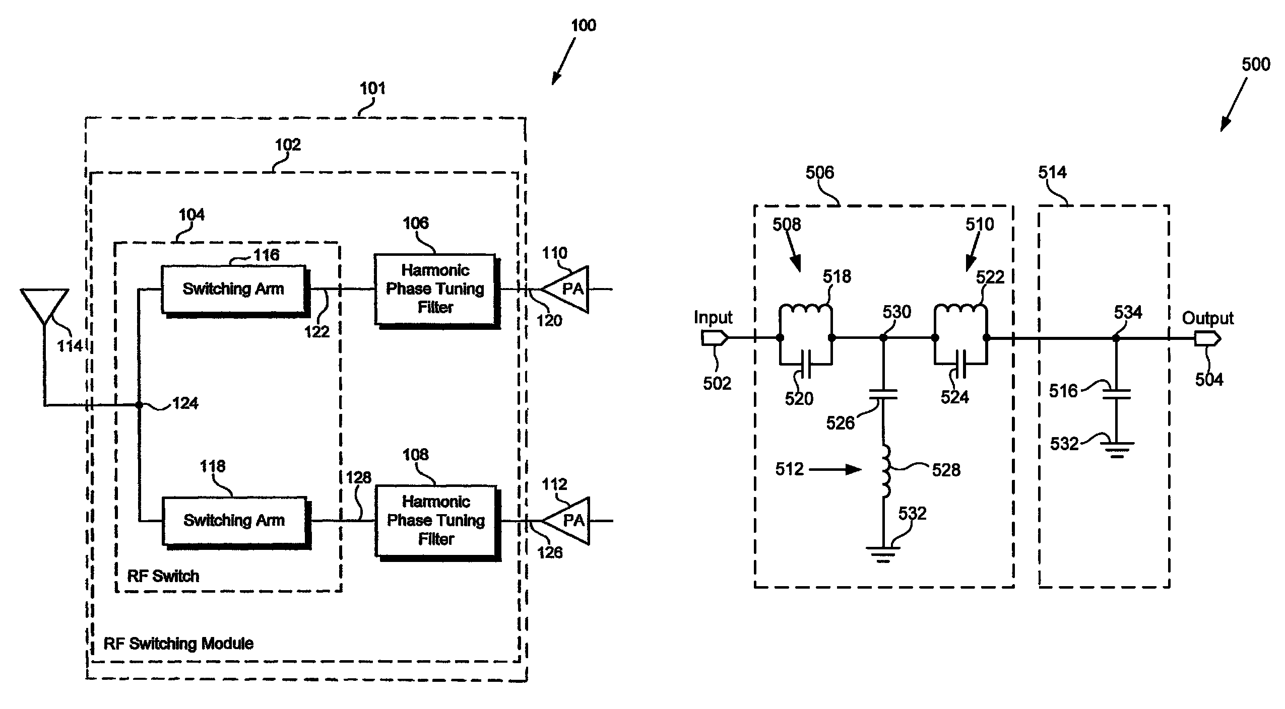 Switching module with harmonic phase tuning filter