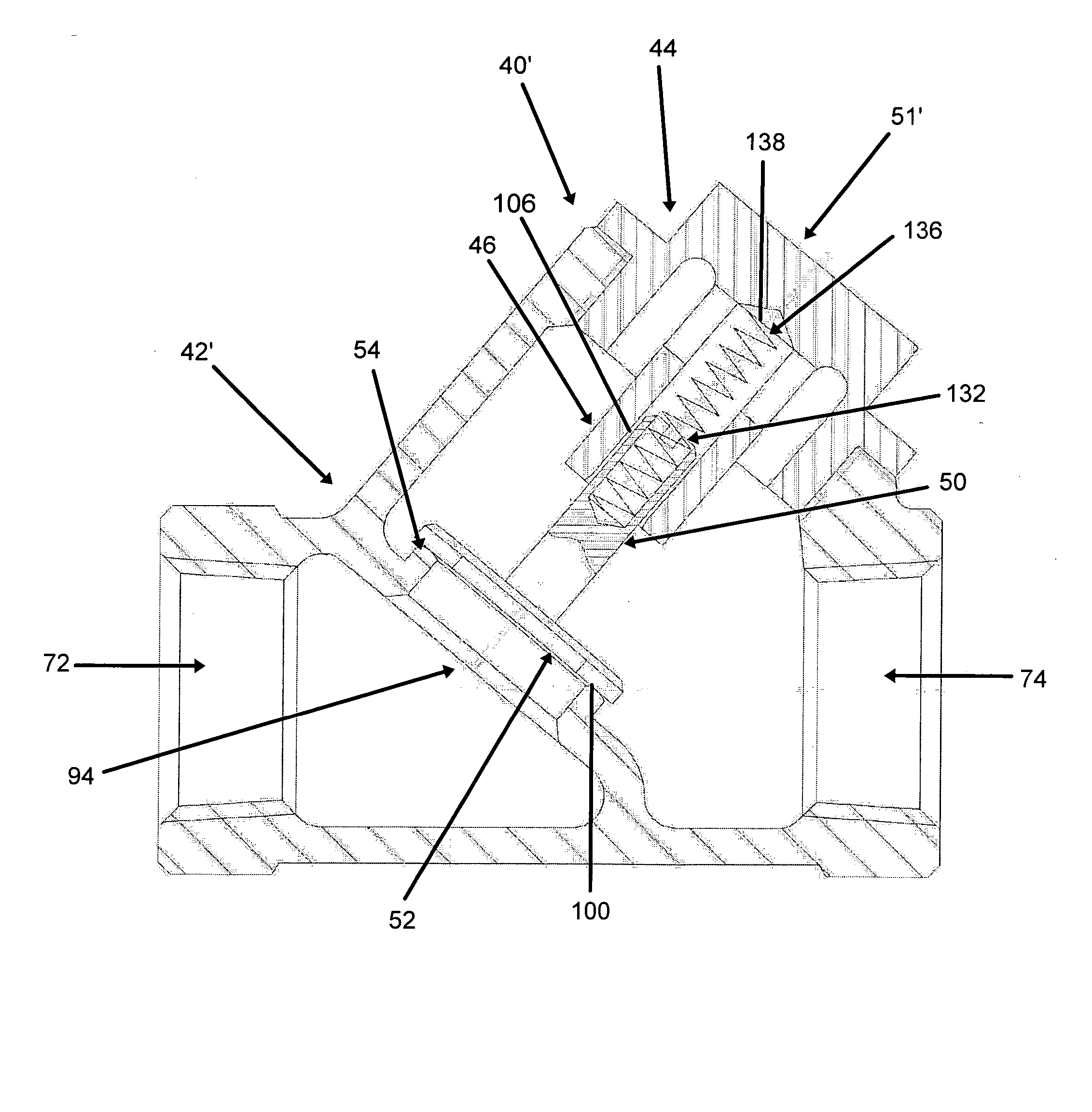 Y-pattern piston check valve, piston valve assembly for a Y-pattern piston check valve, and method