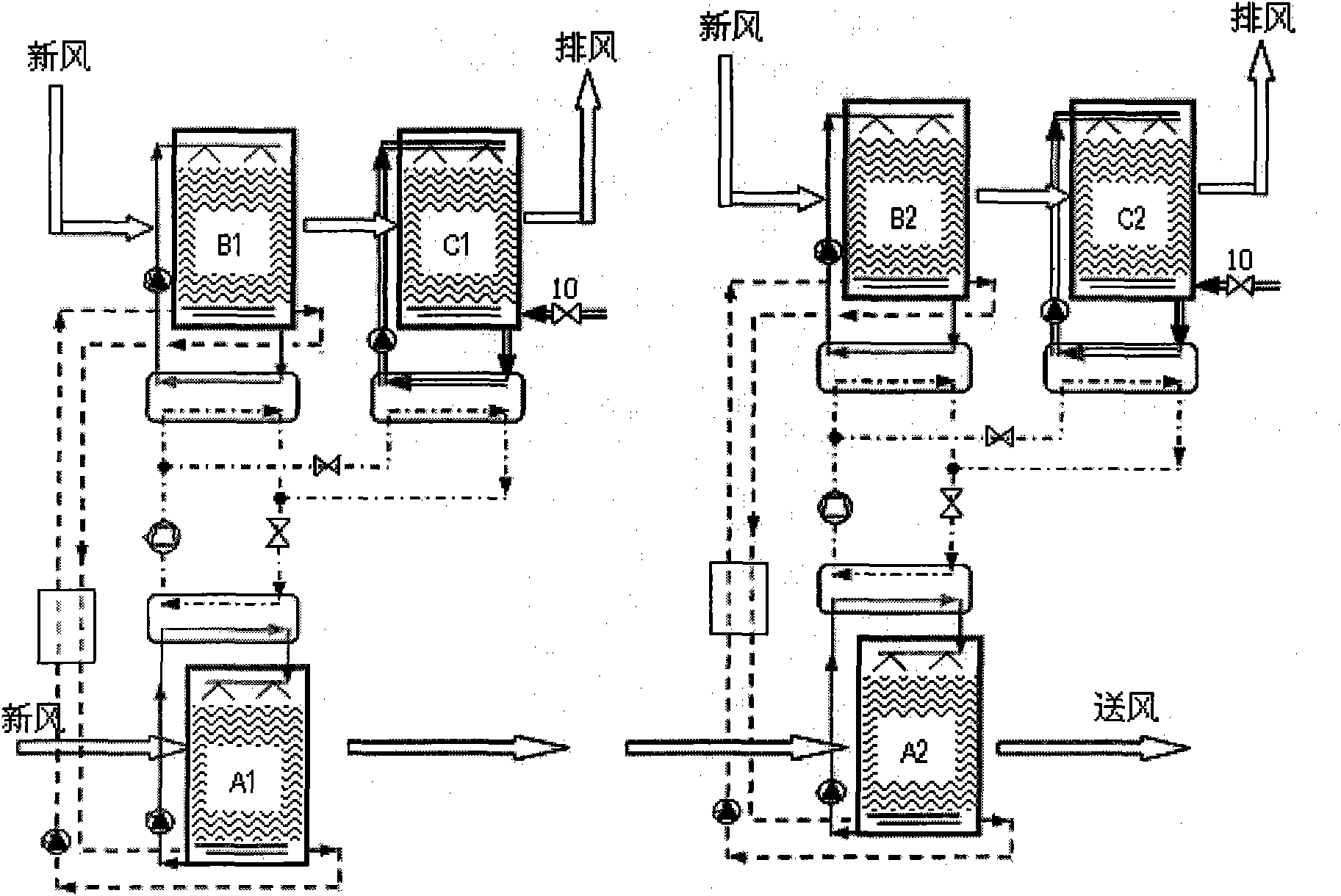 Solution dehumidifying fresh air handling unit combining heat pump drive and evaporative cooling