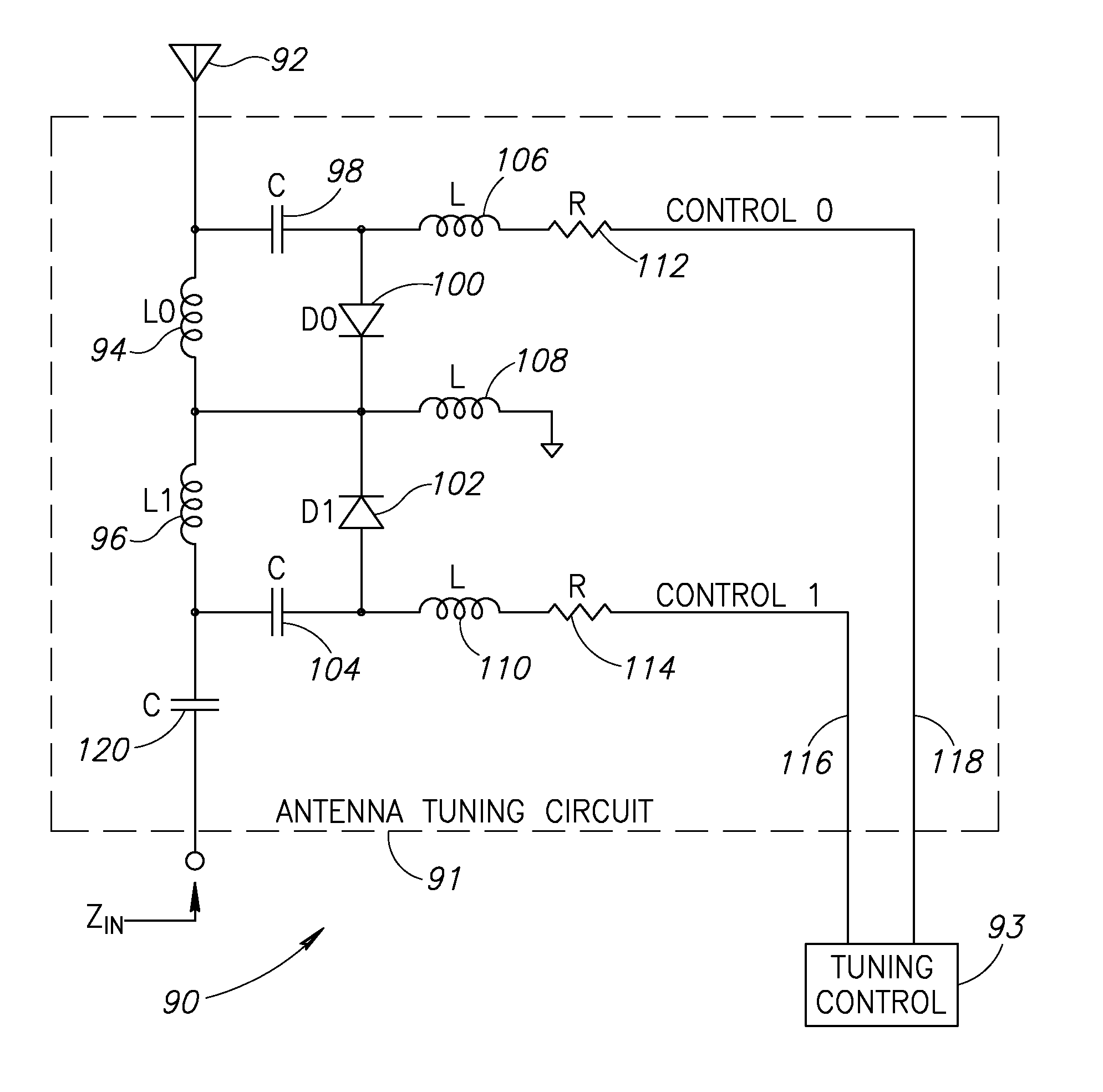 Digitally controlled antenna tuning circuit for radio frequency receivers