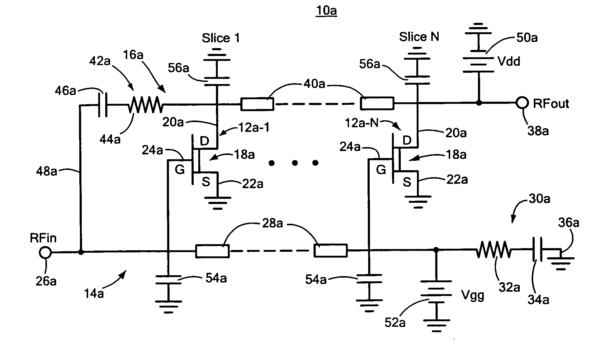 Modified distributed amplifier to improve low frequency efficiency and noise figure