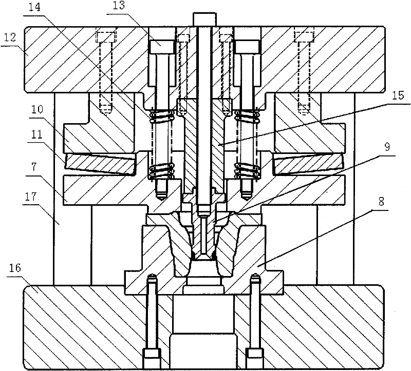 Medium-heavy automobile flange die forging process and punching and calibrating composite die thereof