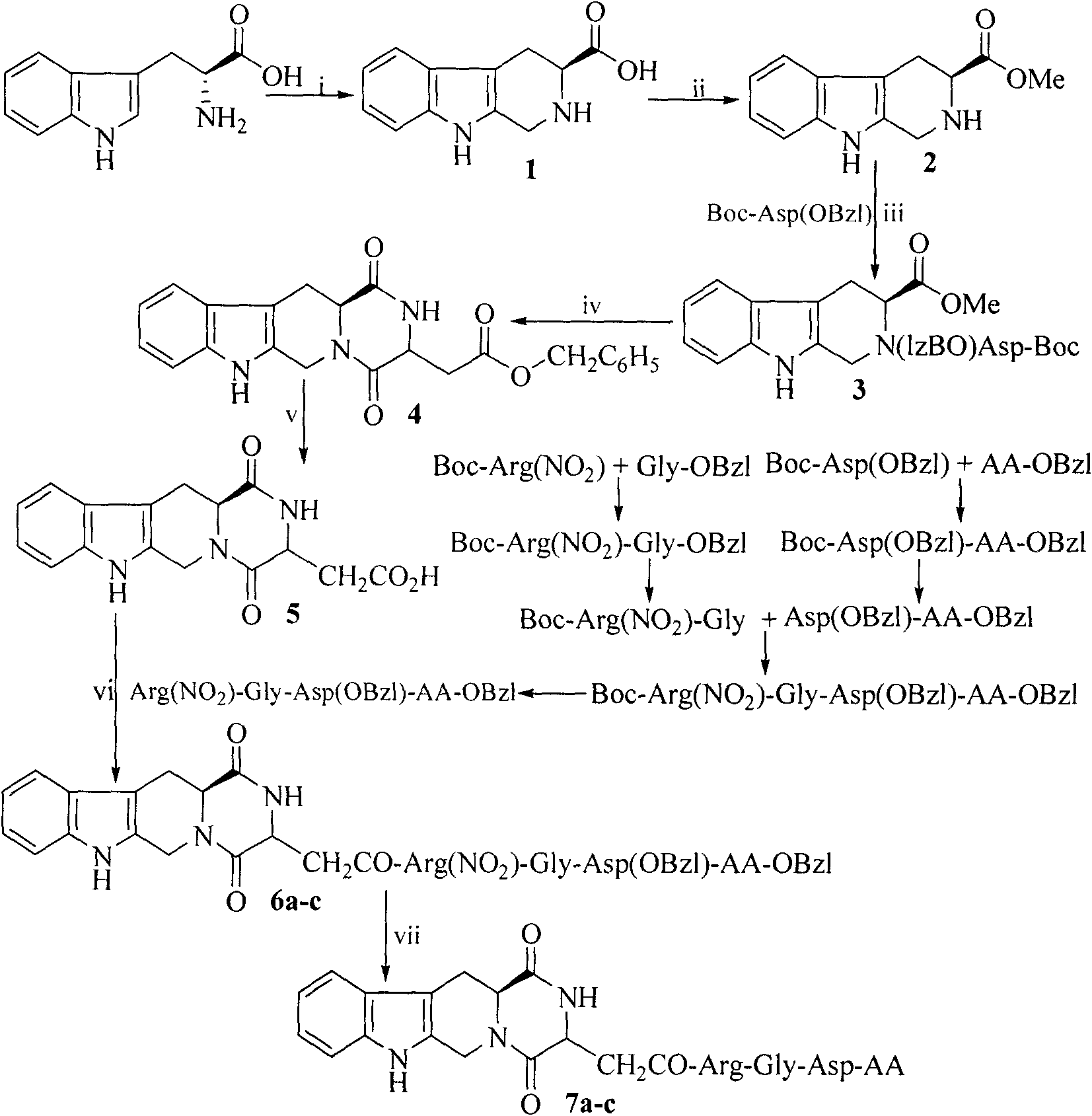 RGD peptide-modified carbolino-hexahydropyrazine-1,4-diketones and their preparation method, antithrombotic effect and use