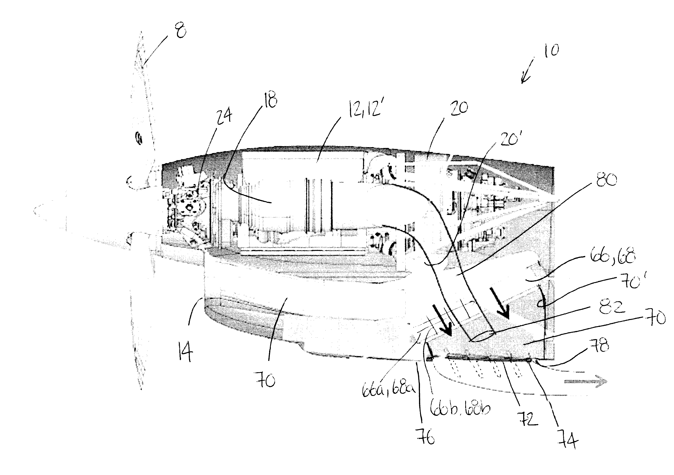 Turboprop engine assembly with combined engine and cooling exhaust