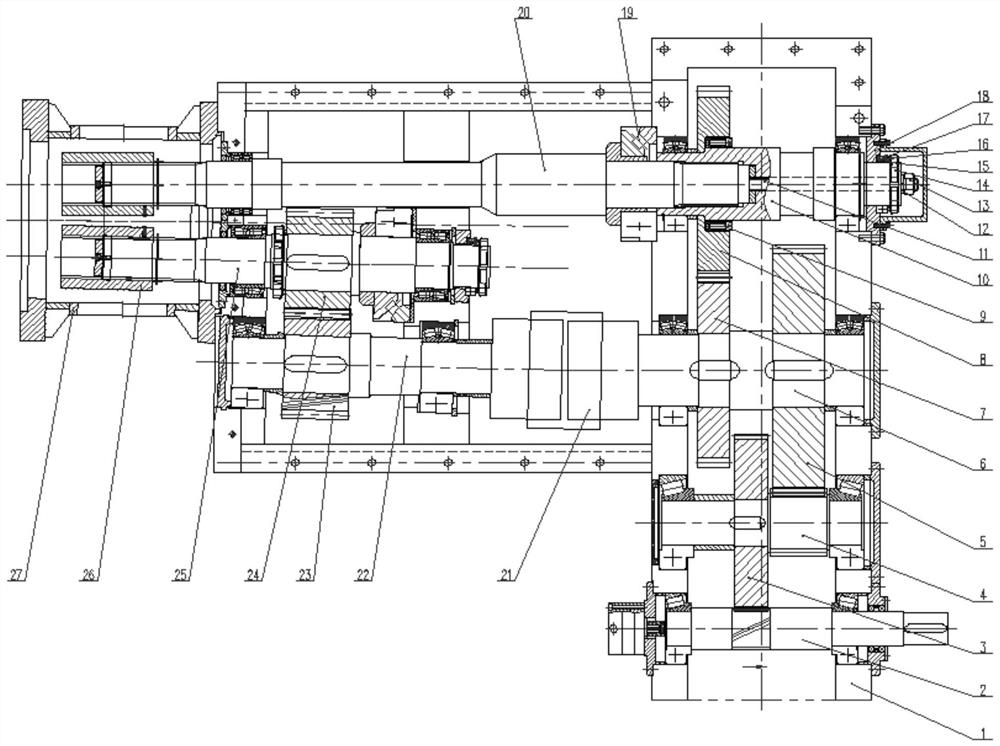 Co-rotating bevel double gearbox with flexible shaft coupling