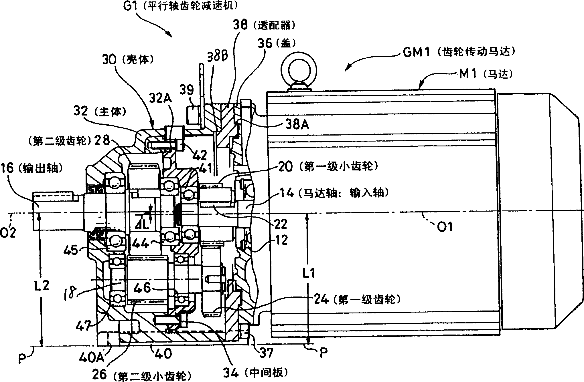 Parallel axes gear reducer and gear driven motor