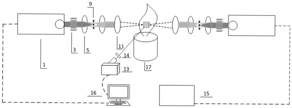 Measuring device and measuring method for combustion field double-component synchronous excitation