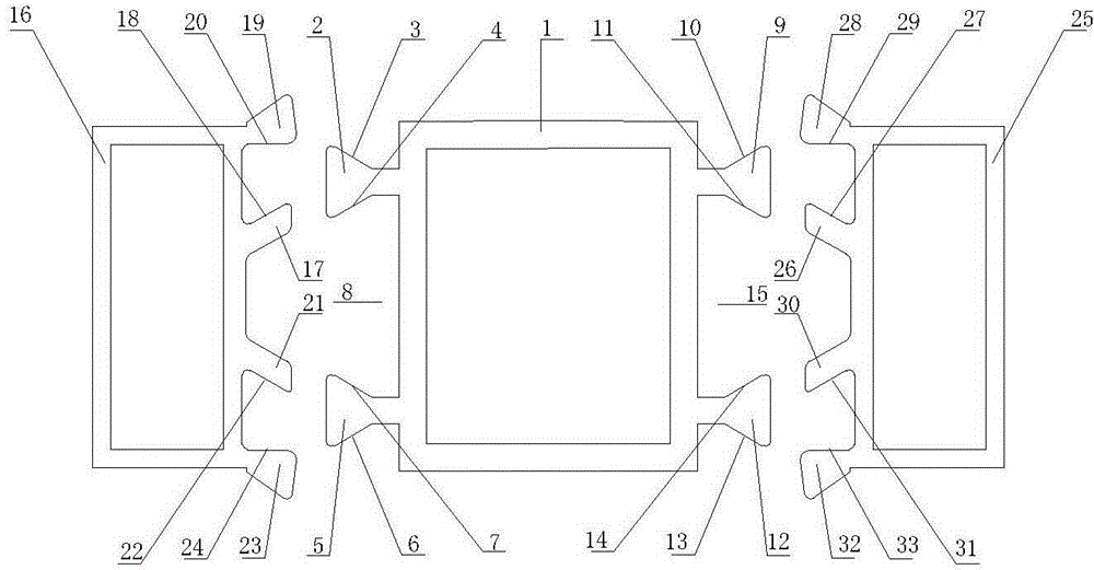 Composite door and window sectional material with combination of internal and external metal sectional materials and middle integral heat-insulation sectional materials