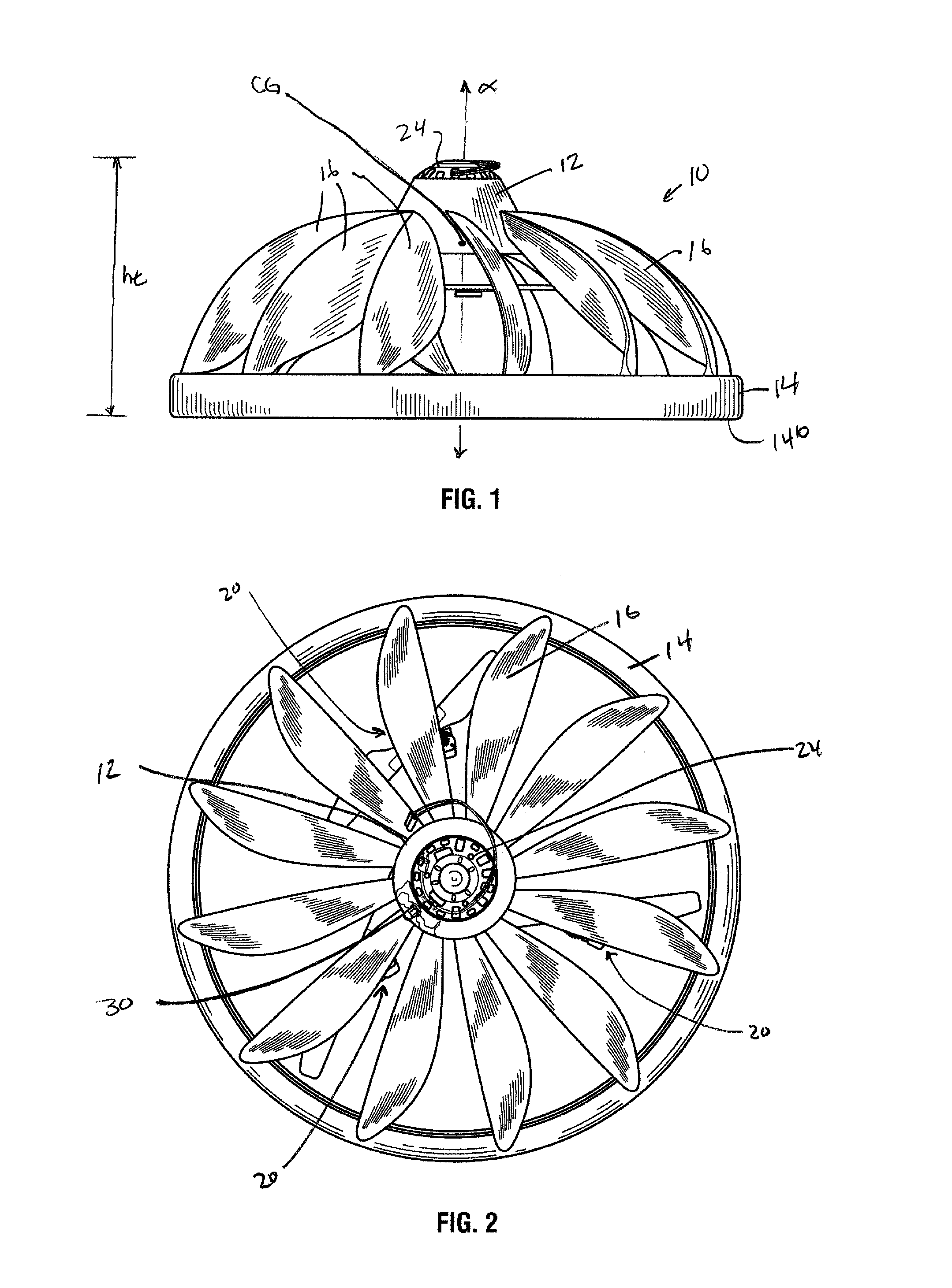 Directionally controllable, self-stabilizing, rotating flying vehicle