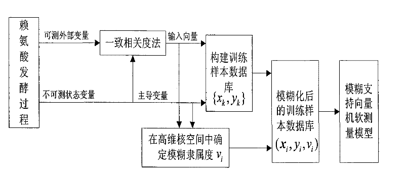 FSVM-based lysine fermentation process key state variable soft measuring method and system