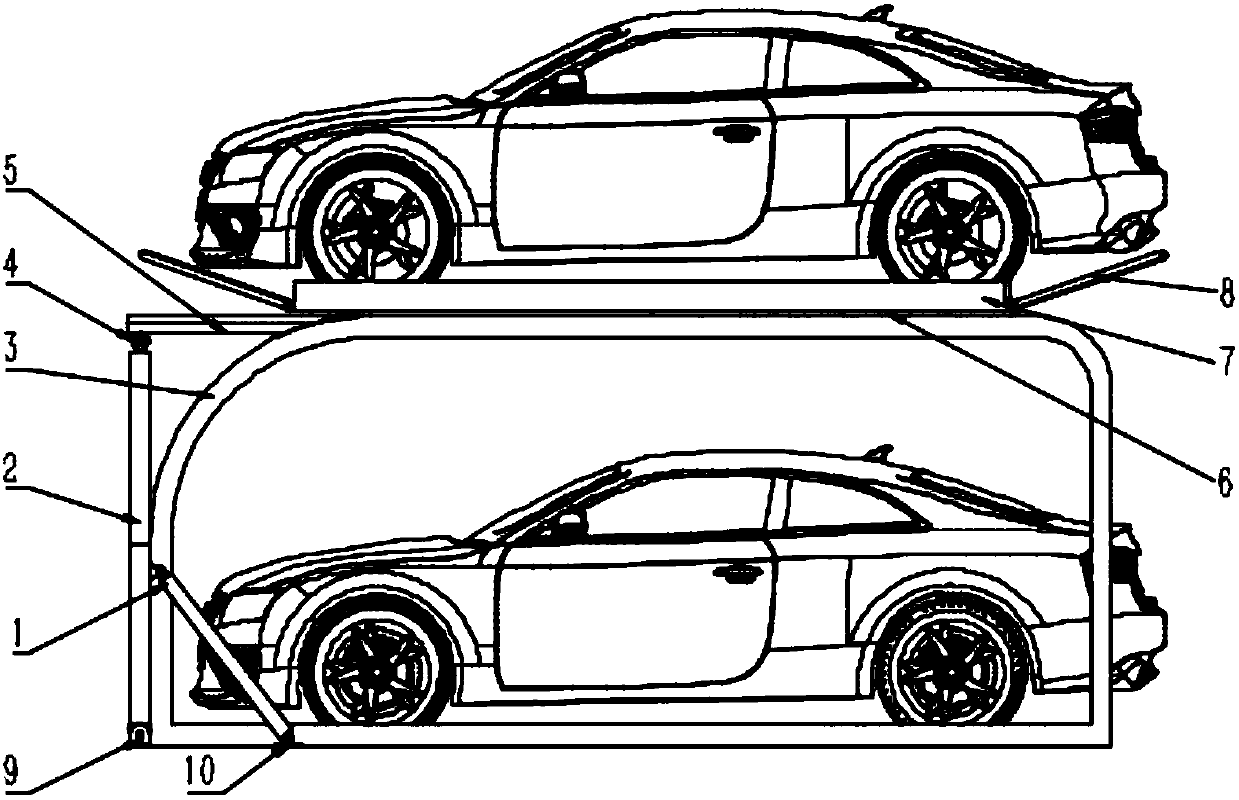 Non-avoiding stereo parking garage rising and falling along rails and provided with extending-retracting supporting systems