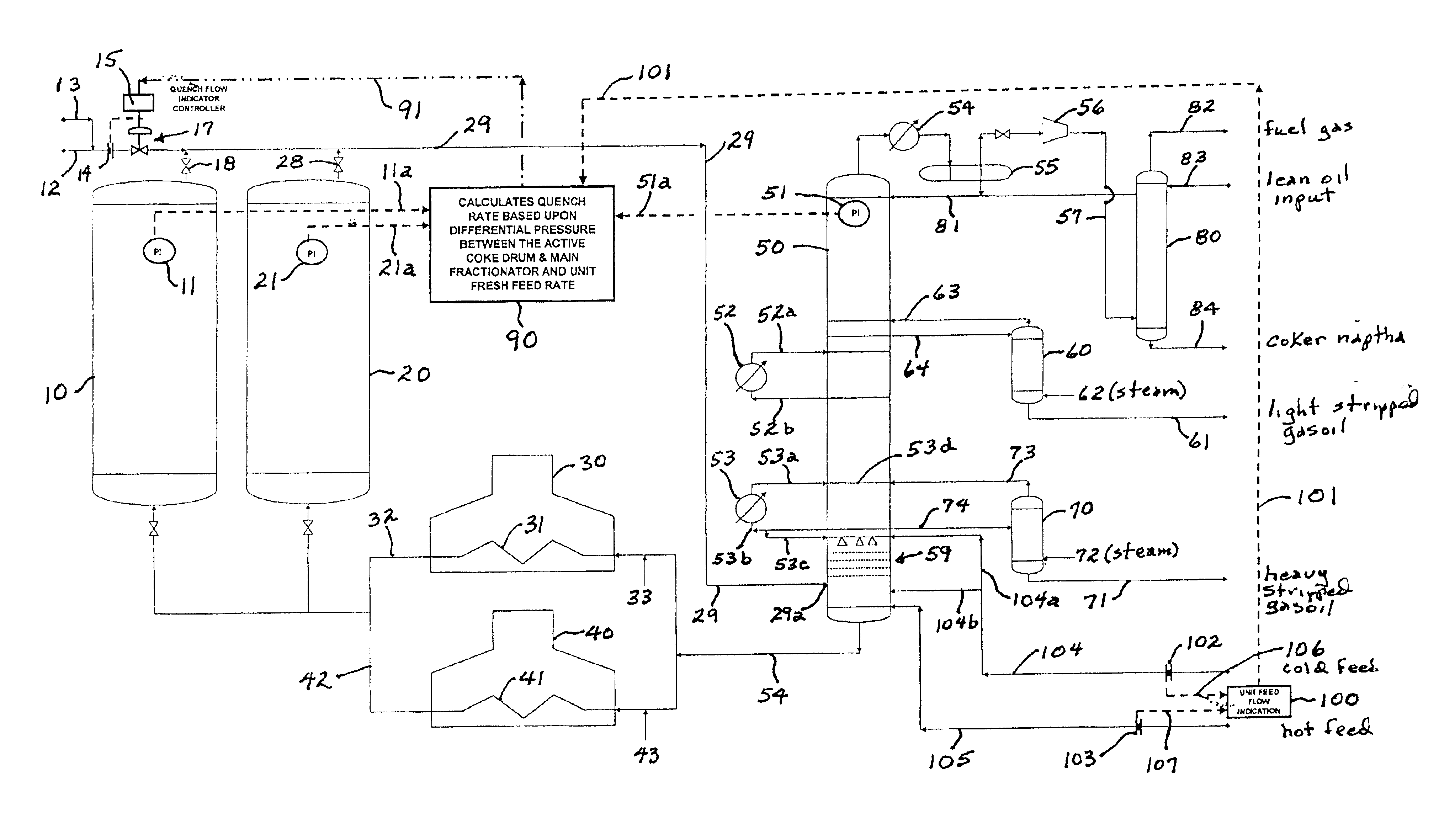 Method and apparatus for quenching the coke drum vapor line in a coker