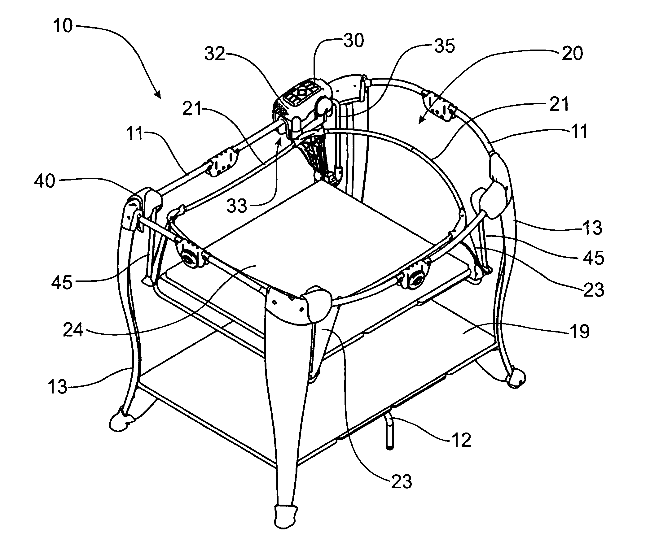 Play yard with motorized swinging bassinet