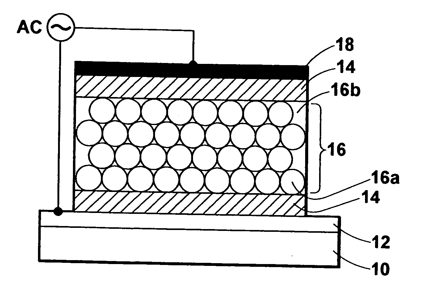 AC-driven electroluminescent element having light emission layer in which particles each containing fluorescent portion are densely arranged