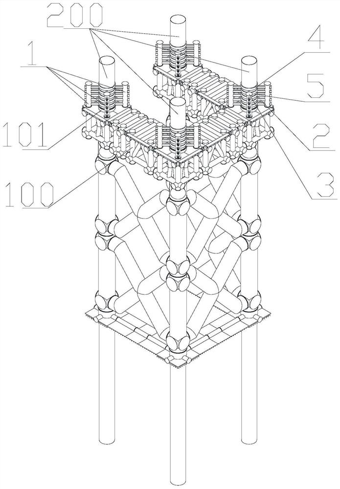 Locking device used between construction pile stabilizing platform and auxiliary piles