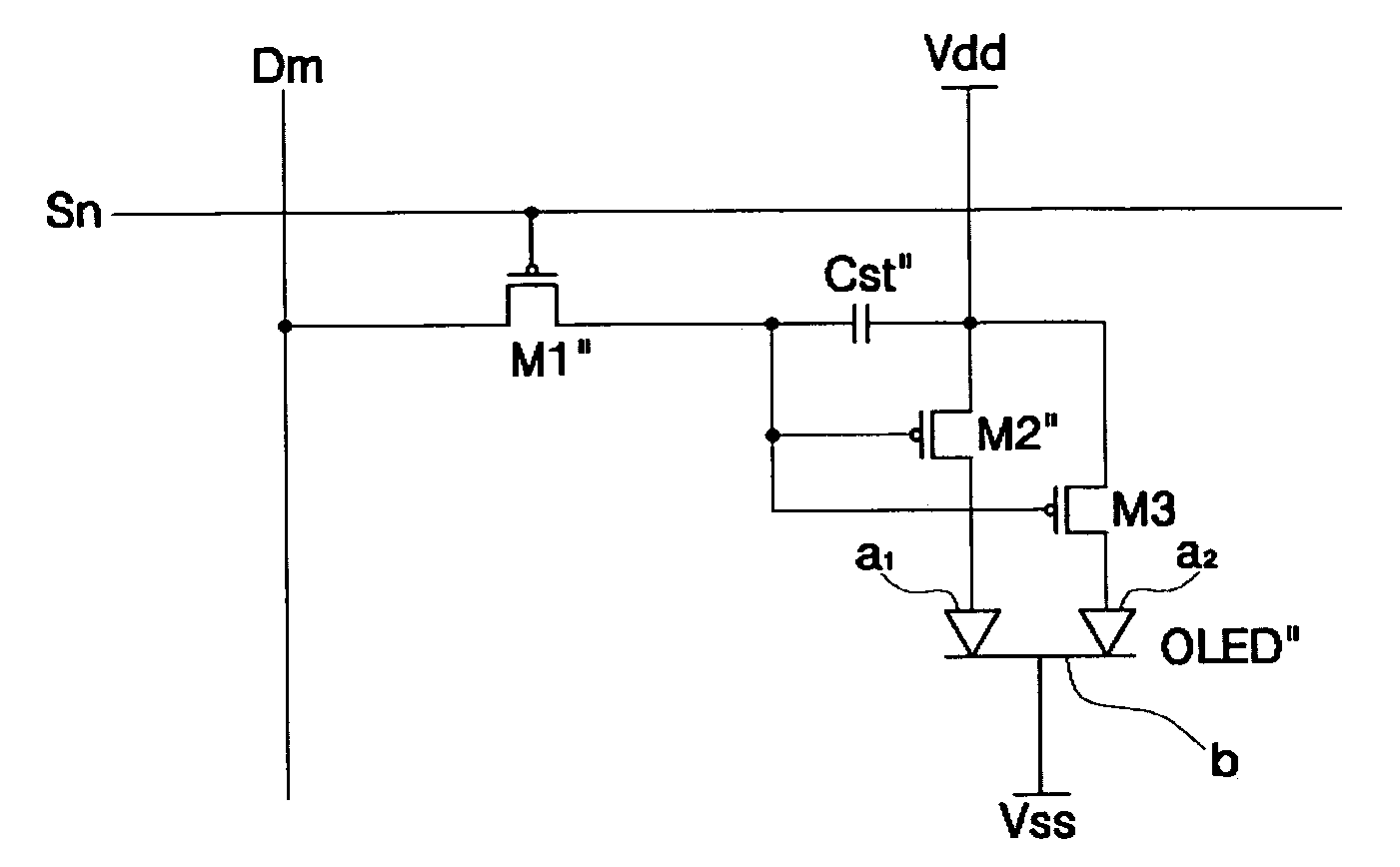 Organic electroluminescent display device having plurality of driving transistors and plurality of anodes or cathodes per pixel