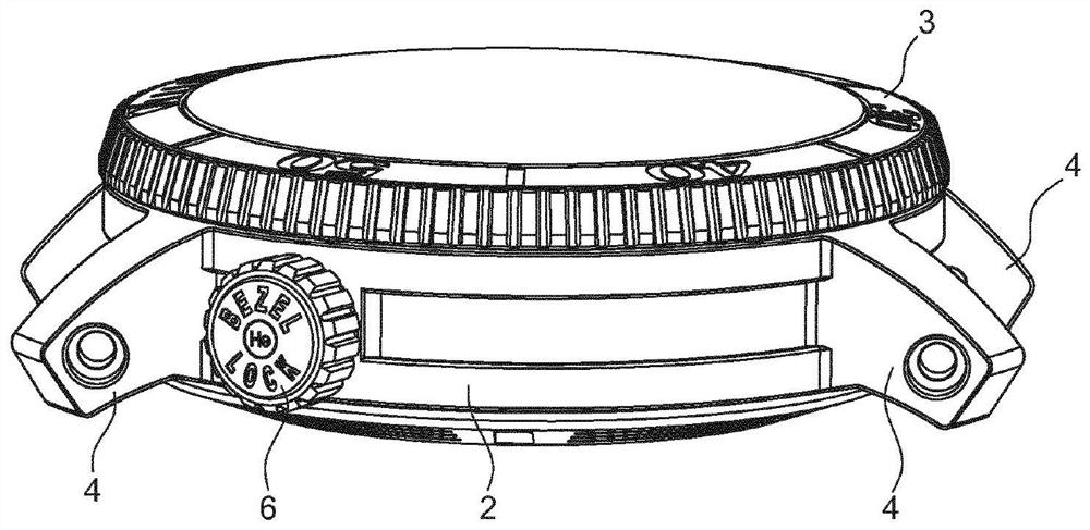 Watch equipped with rotating bezel including bezel locking system with integrated helium valve