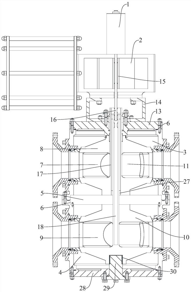 Electronically-controlled lifting-type multi-channel reversing ball valve