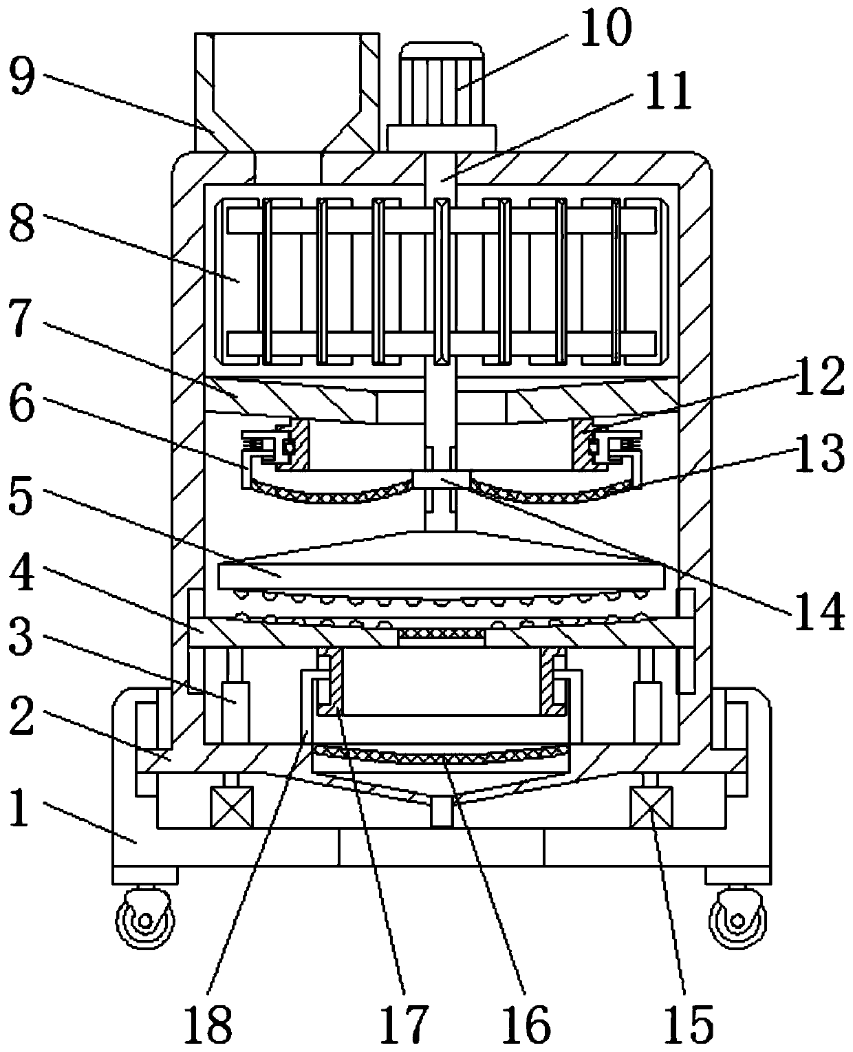 A multi-stage crushing device for waste materials for interior decoration