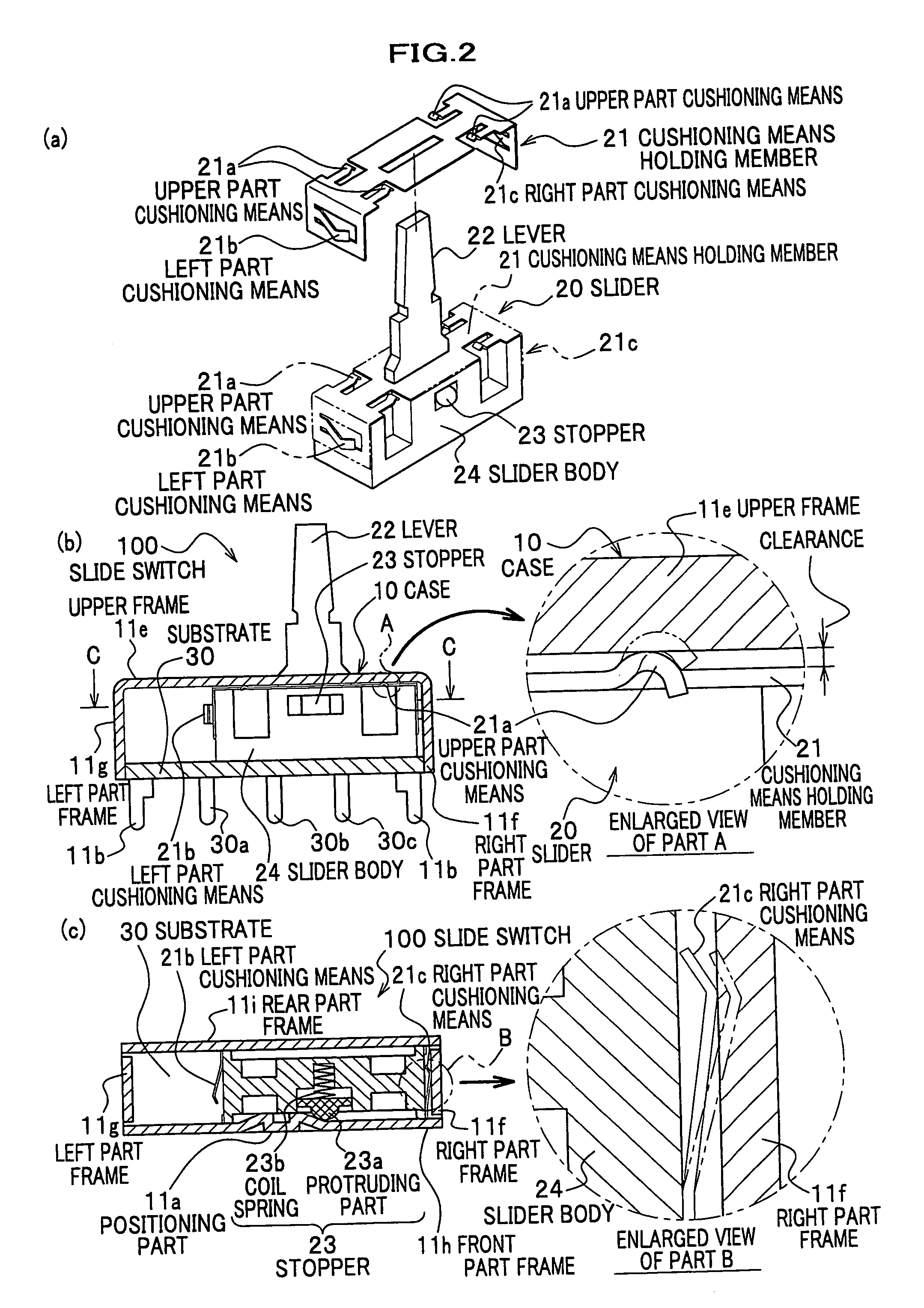 Cushioning means holding member, and slide switch including the same