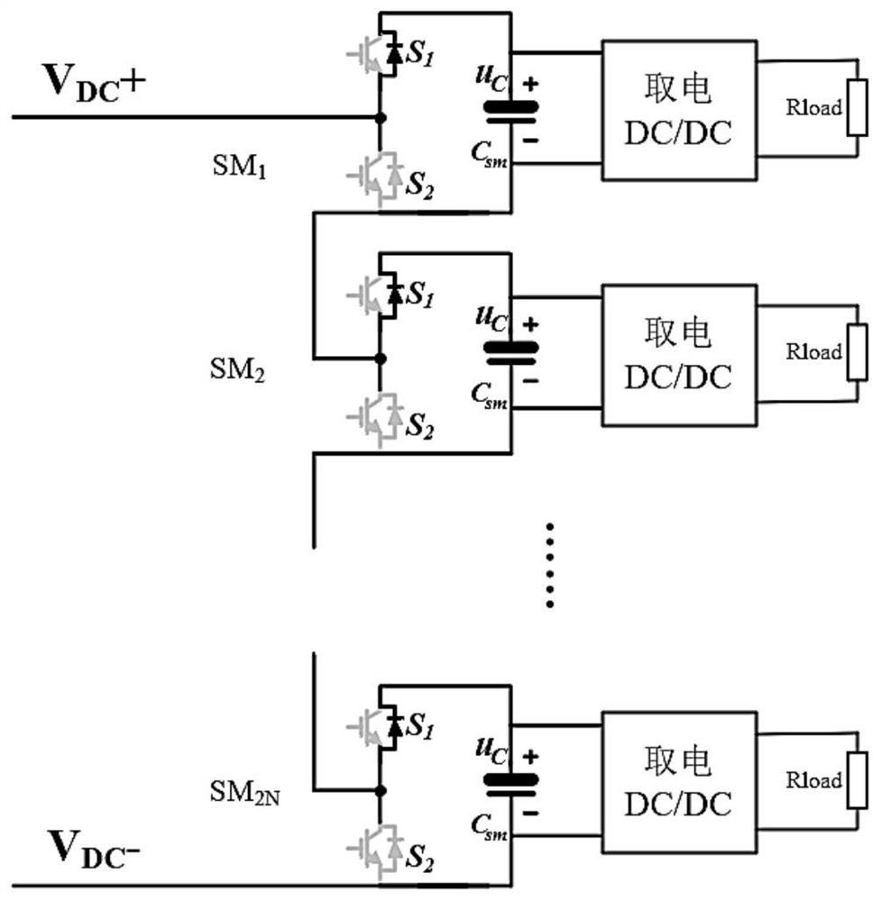 Multi-module series converter self-powered circuit with self-voltage-sharing capability and control method thereof