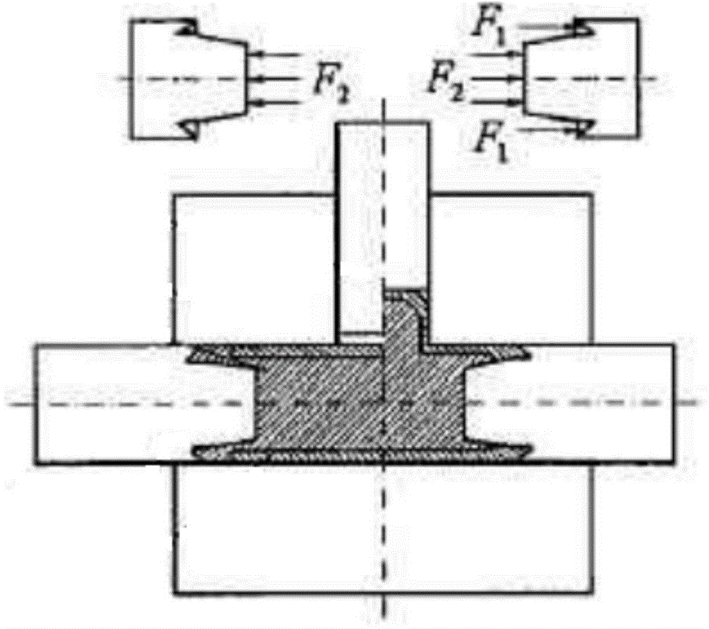 Hydraulic controlled type latched rigid-plastic compound bulging and forming device for three-way pipe