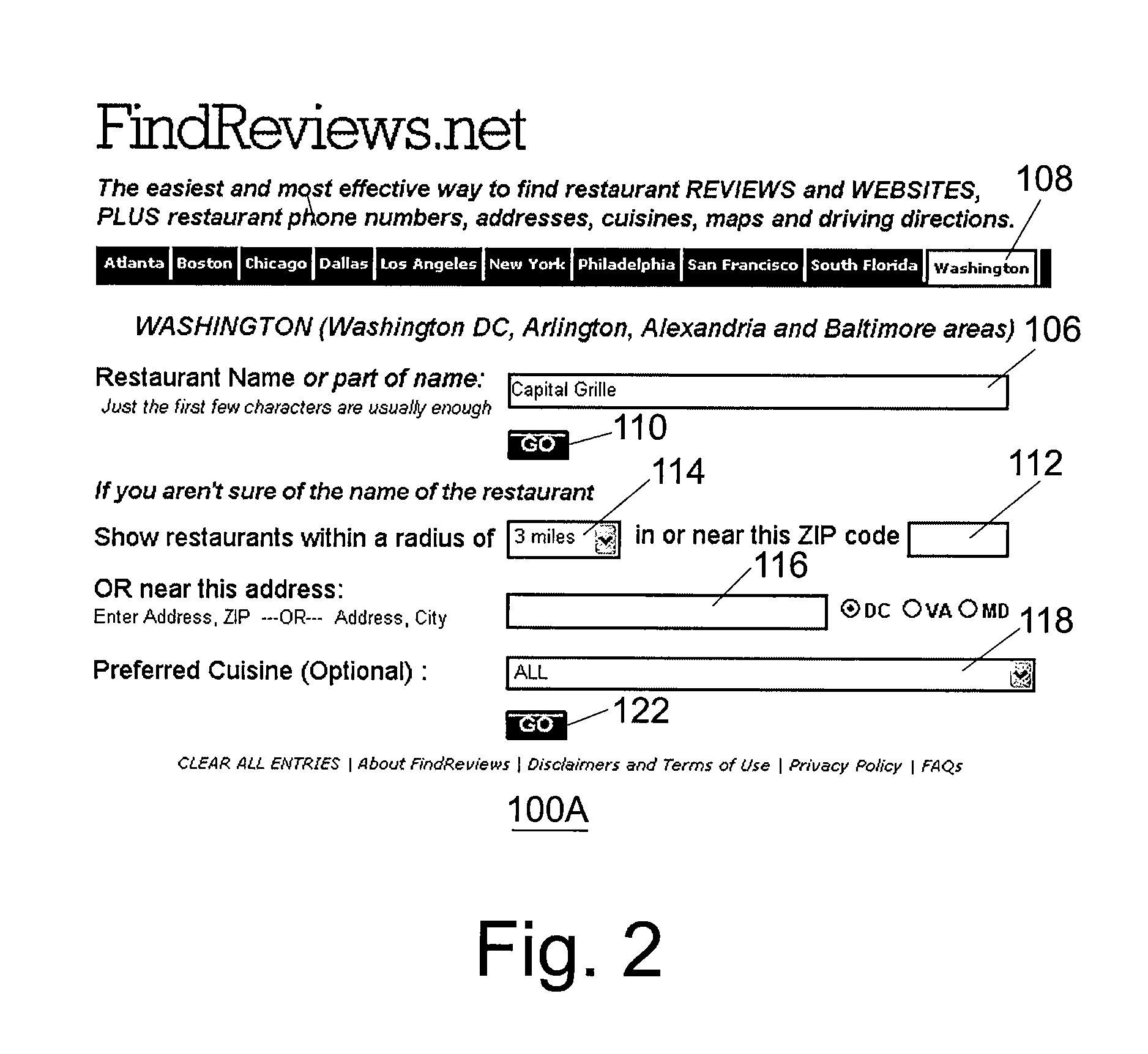 Restaurant review search system and method for finding links to relevant reviews of selected restaurants through the internet by use of an automatically configured, sophisticated search algorithm