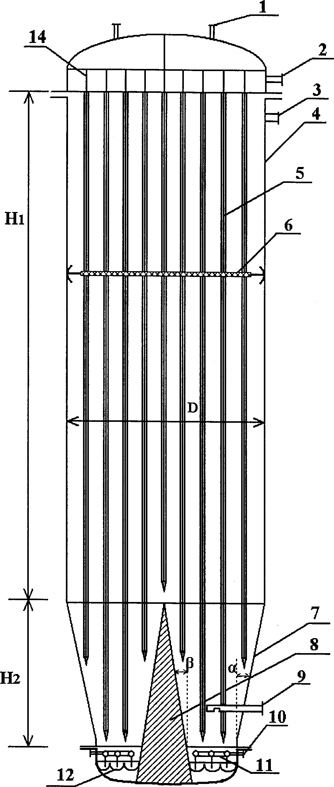 Large fluidized bed reactor for wide sieving fluidized particles