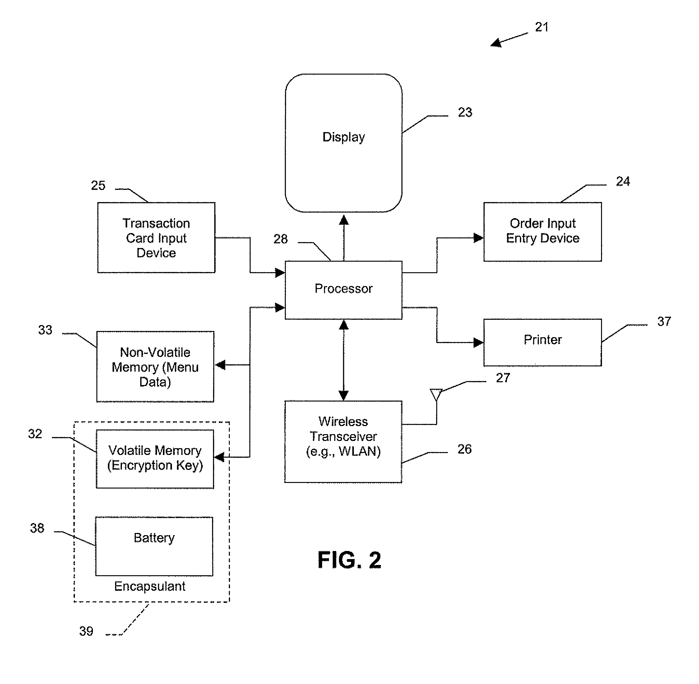 Portable handheld device for wireless order entry and real time payment authorization and related methods