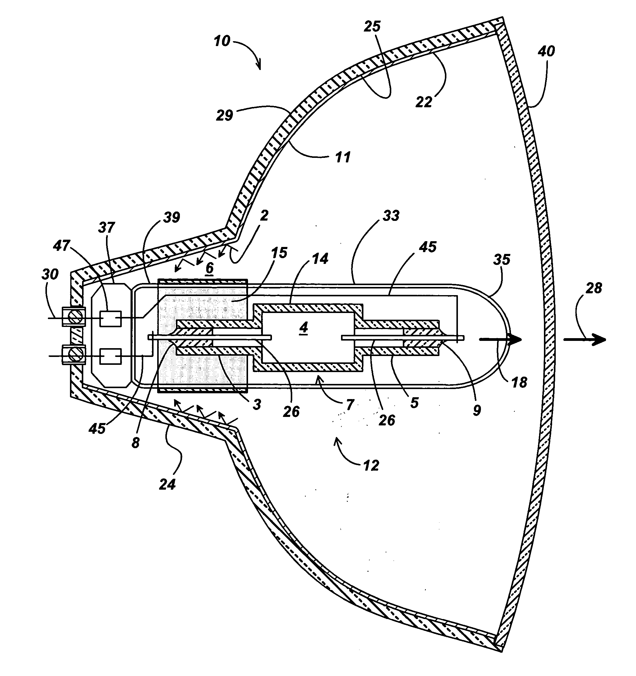 Reflector lamp having reduced seal temperature