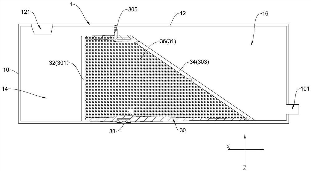 Soft water filtering device, water storage tank and steaming oven