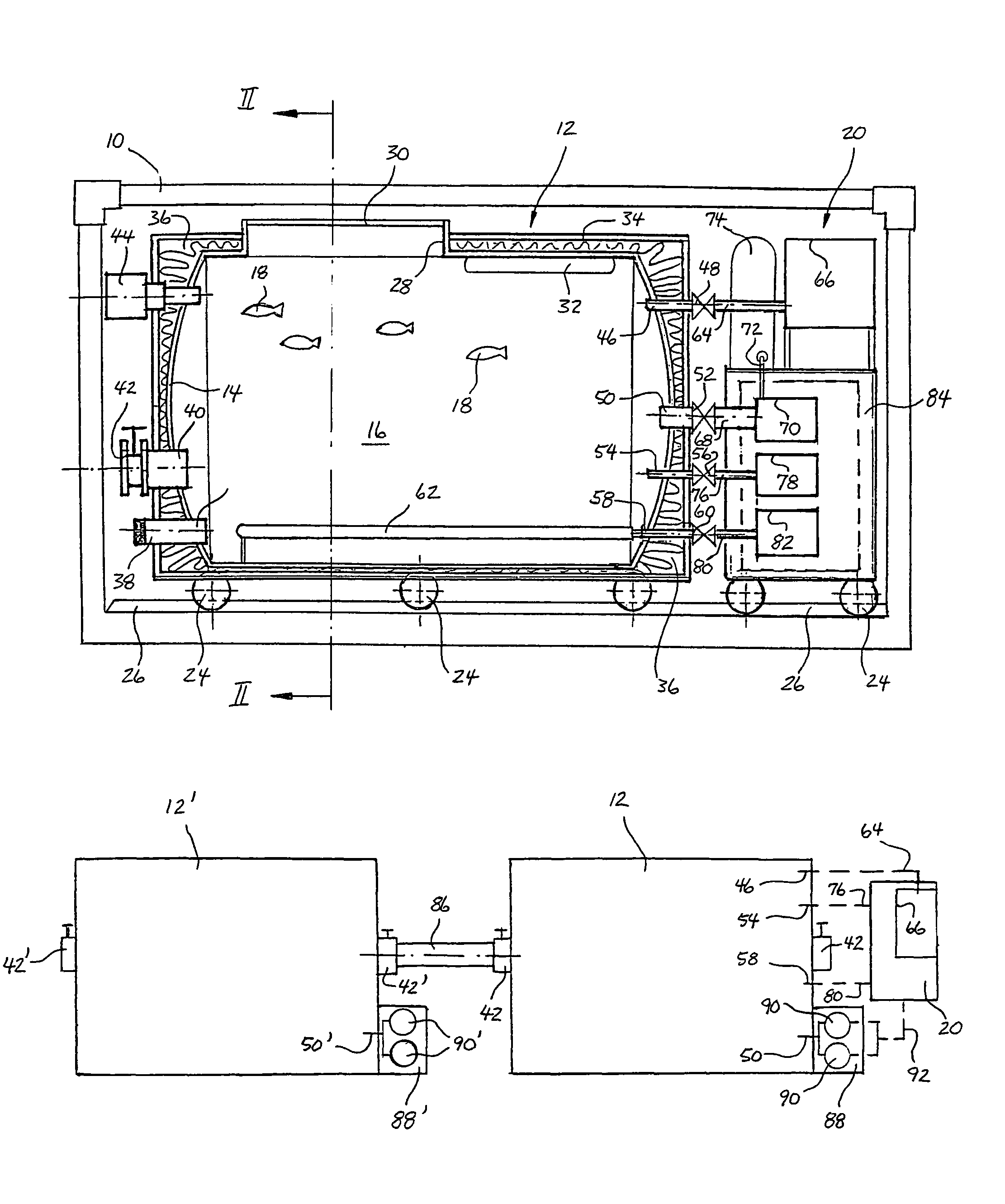 Technical arrangement for transporting live fish or shellfish in water