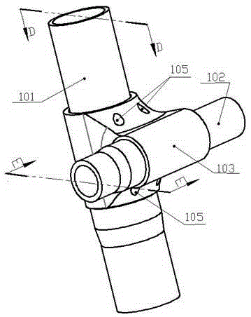 A connection device for a composite material node and an assembly method thereof