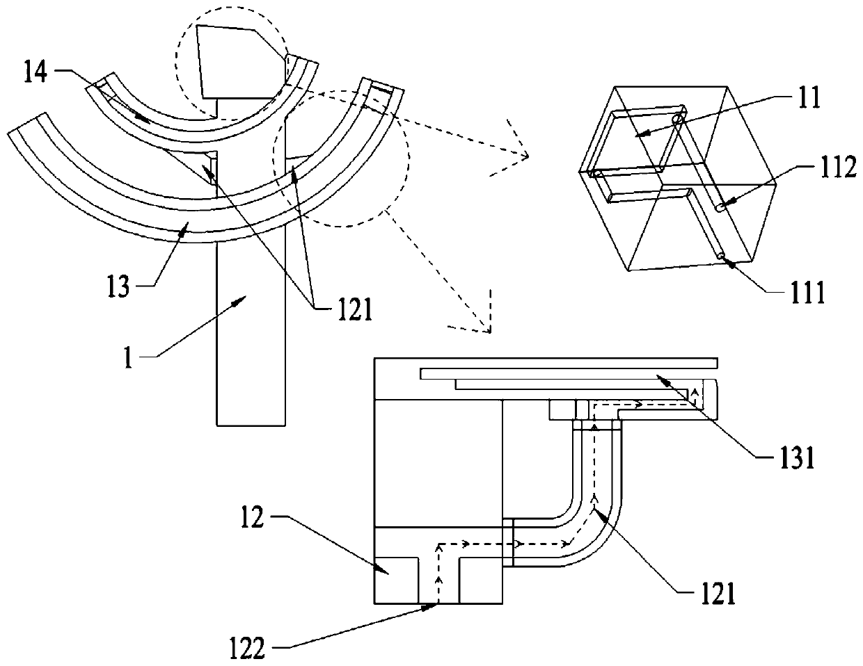 Cooling and chip blowing composite type internal cooling turning tool with adjustable spraying mouths