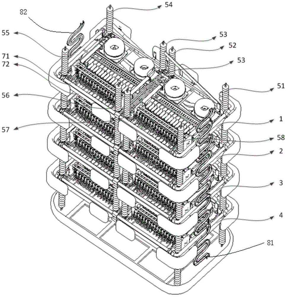 Direct current converter valve with linear valve layer arrangement