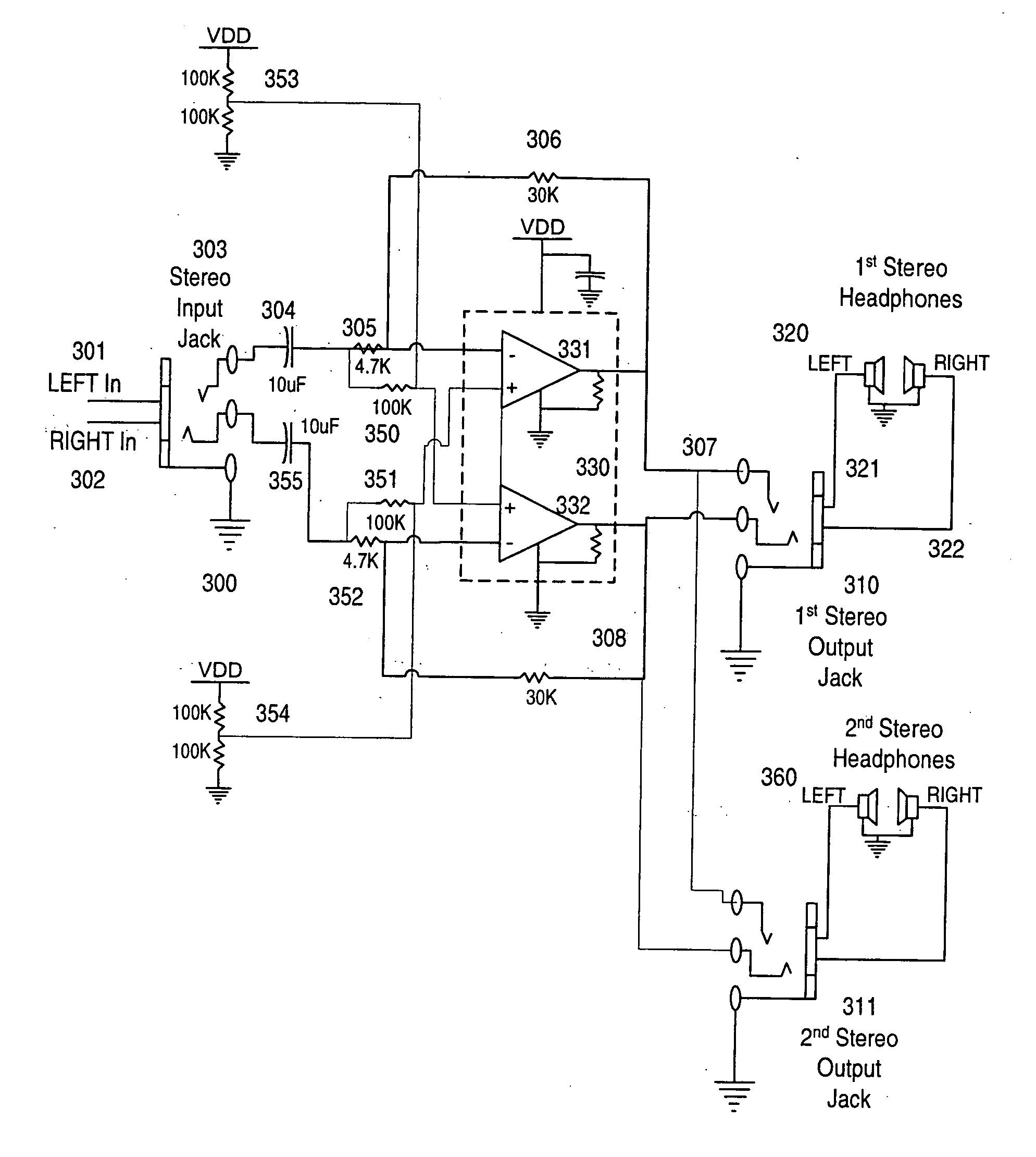 Simplified amplifier providing sharing of music with enhanced spatial presence through multiple headphone jacks