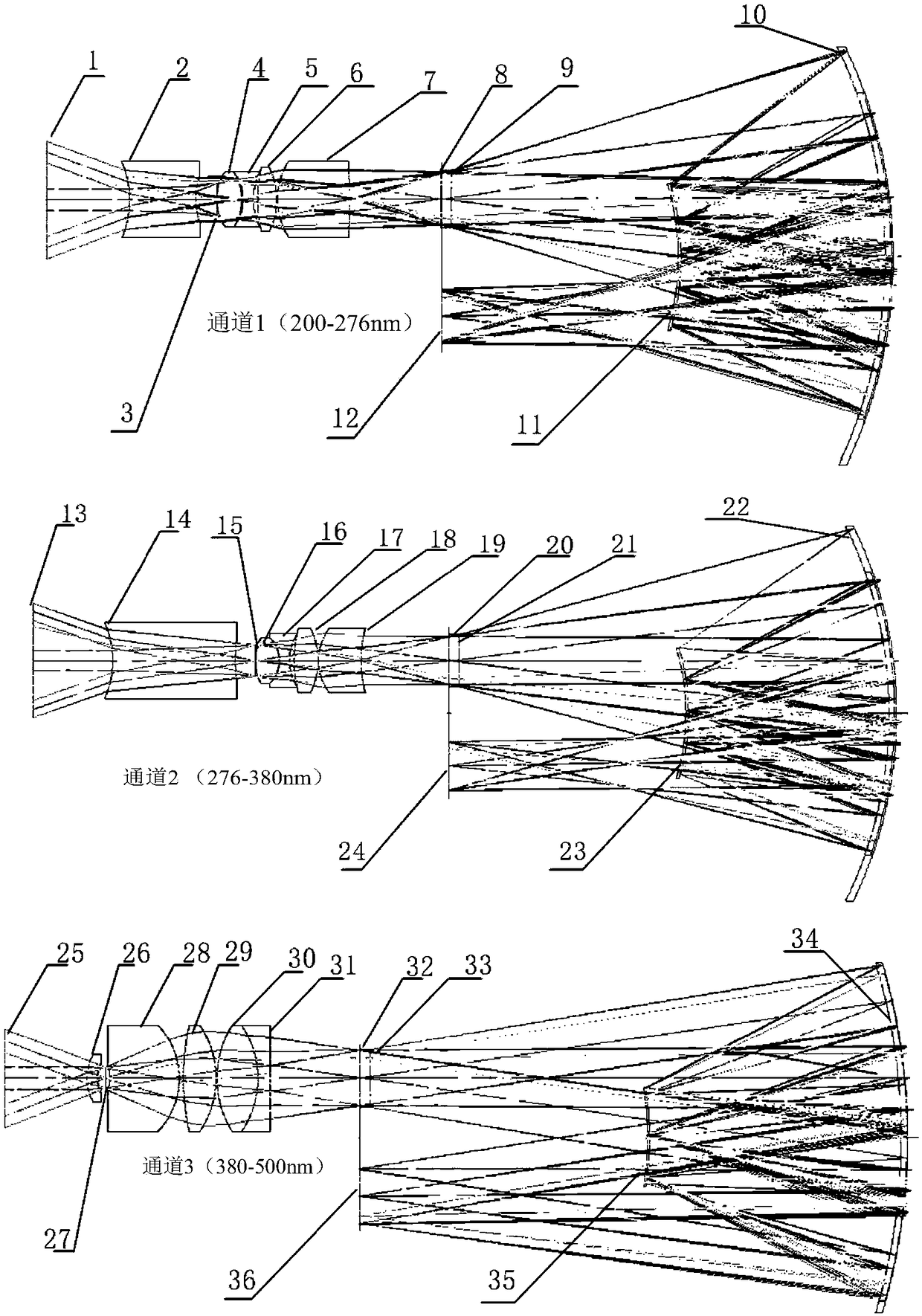 Optical system of large-field wide-band airborne differential absorption imaging spectrometer