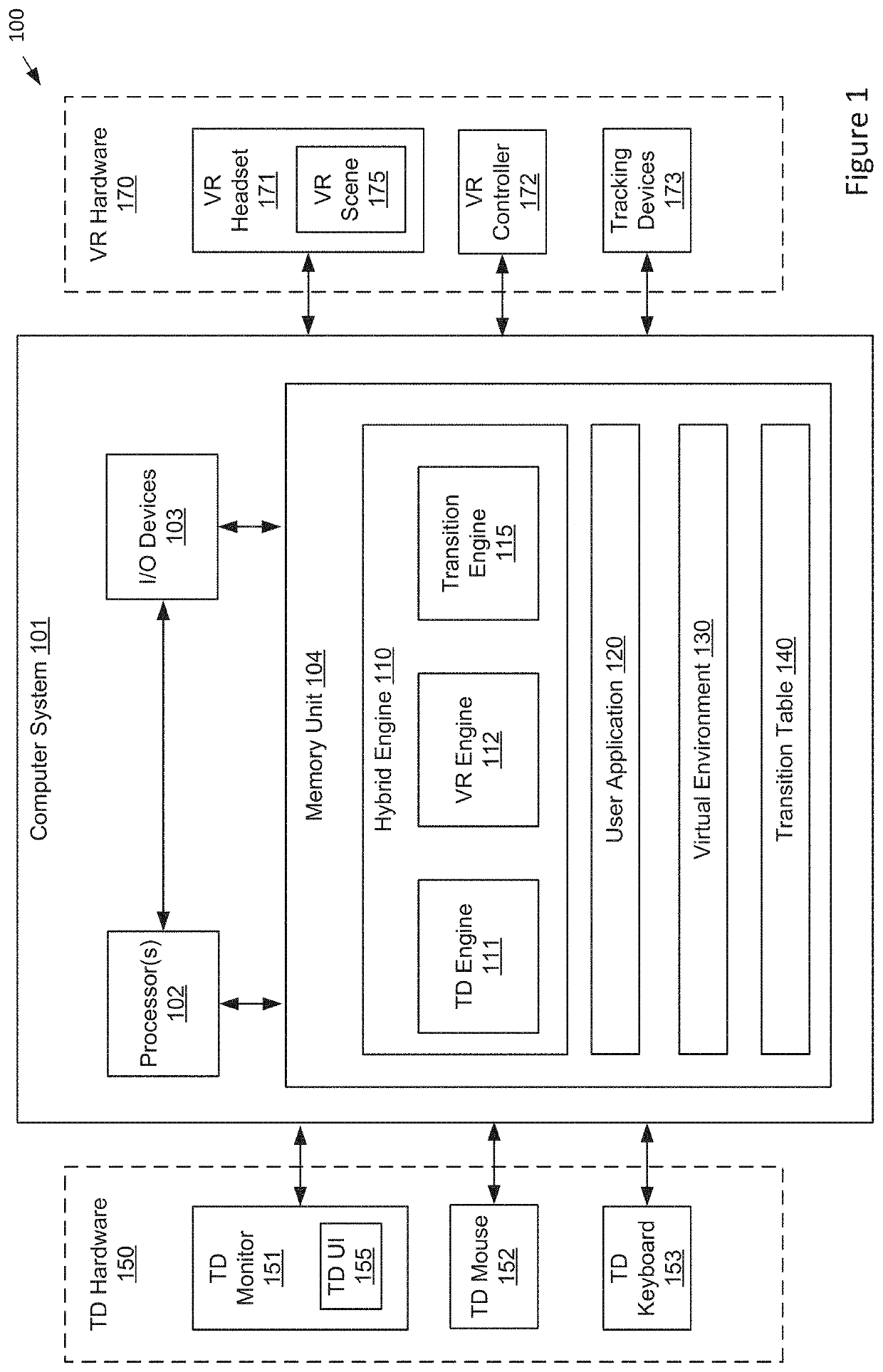 Transitions between states in a hybrid virtual reality desktop computing environment