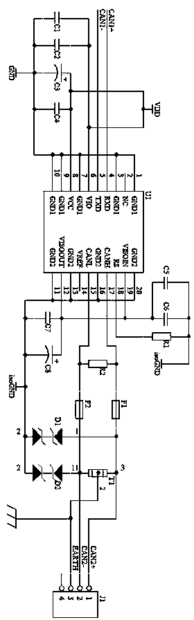 CAN (control area network) bus isolated communication protective circuit